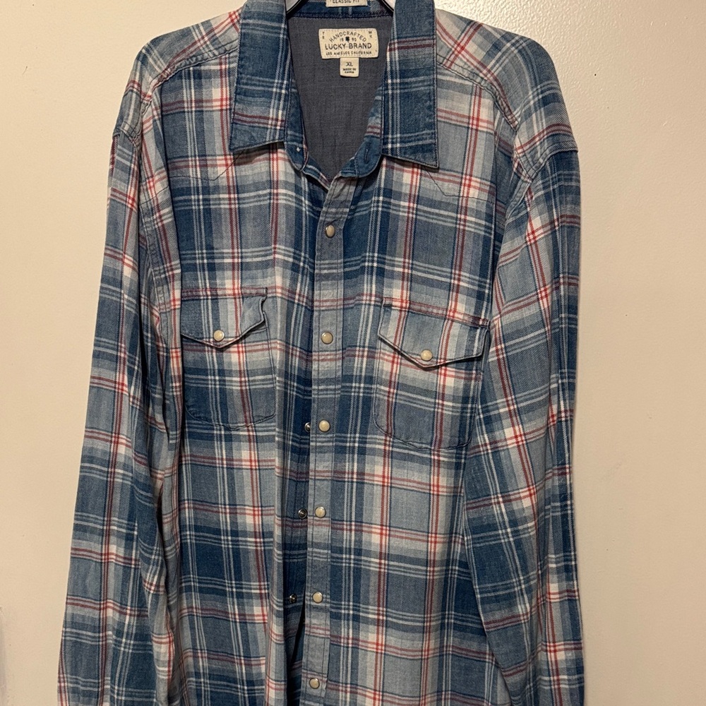 Lucky Brand Blue and White Plaid Button-Down Shirt with Red Accents